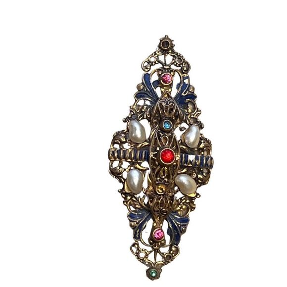 Antique Edwardian Czech Glass Filigree Pearl Ruby Sapphire Stone Brooch - Picture 4 of 9